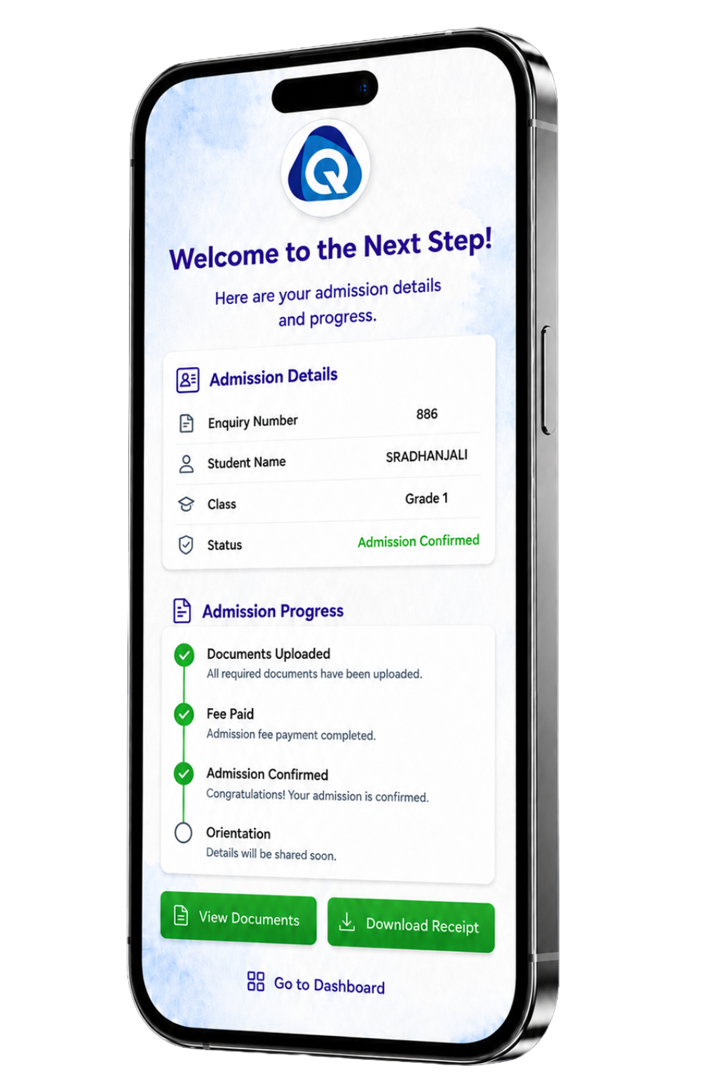 Admissions App screen 1 back screen